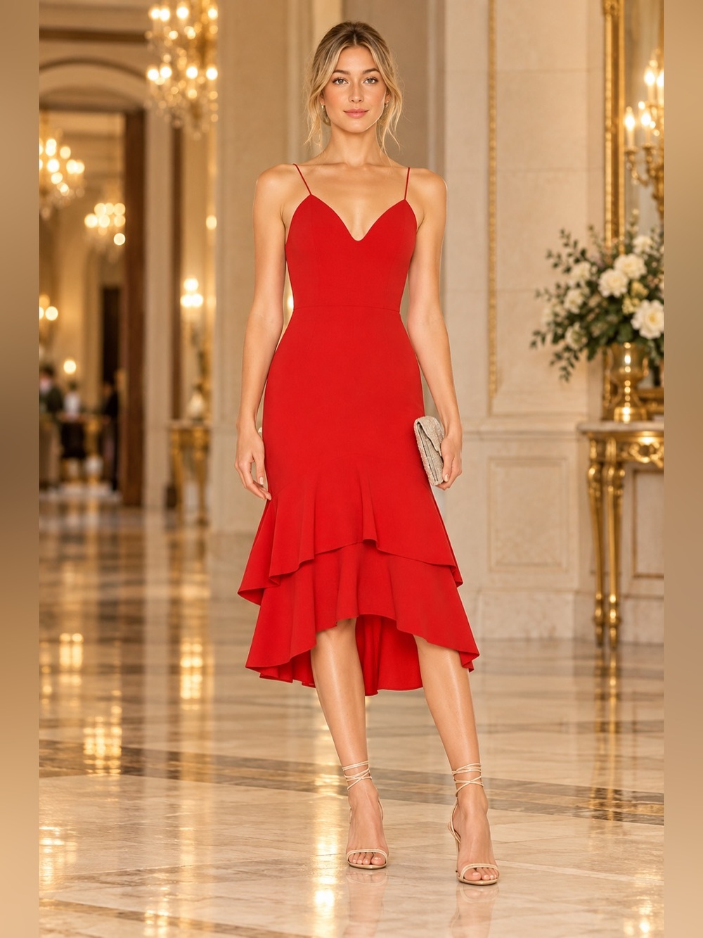 Alice + Olivia Red Spaghetti-Strap High-Low Ruffle Midi Dress